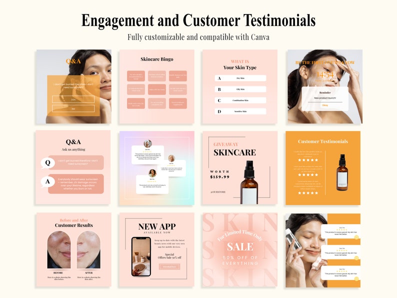 May include: Nine Instagram post templates for a skincare brand. The templates feature a pink and orange colour scheme and include text such as "Skincare Bingo", "What is Your Skin Type", "Giveaway Skincare", "Customer Testimonials", "Before and After Customer Results", "New App", and "Sale 50% Off of Everything".