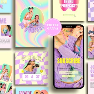 May include: A collection of social media graphics featuring a pastel color scheme with a checkered pattern and a holographic background. The graphics include text such as "New Collection", "Countdown", "Subscribe", and "Join Our Free Webinar".