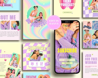May include: A collection of social media graphics featuring a pastel colour scheme with a checkered pattern and a holographic background. The graphics include text such as "New Collection", "Countdown", "Subscribe", and "Join Our Free Webinar".