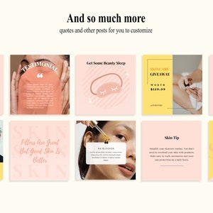May include: A collage of nine images promoting skincare products and services. The images feature quotes, product images, and tips for achieving healthy skin. The images are in a pink and yellow colour scheme.