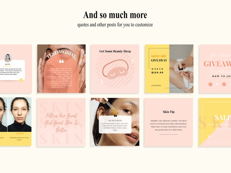 May include: A collage of nine images promoting skincare products and services. The images feature quotes, product images, and tips for achieving healthy skin. The images are in a pink and yellow colour scheme.