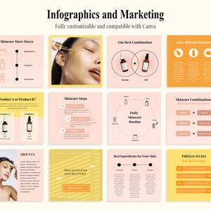 May include: A set of nine colourful infographic squares with tips and advice for skincare. The squares feature illustrations of skincare products, steps, and ingredients. The text includes phrases like "Skincare Must-Haves", "Our Best Combination", "Skincare Steps", "Daily Skincare Routine", "Skincare Combinations", "Best Ingredients for Your Skin", "Things to Do for Better Skin", "Filters are great but good skin is better", and "About Us".