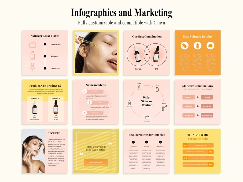 May include: A set of nine colourful infographic squares with tips and advice for skincare. The squares feature illustrations of skincare products, steps, and ingredients. The text includes phrases like "Skincare Must-Haves", "Our Best Combination", "Skincare Steps", "Daily Skincare Routine", "Skincare Combinations", "Best Ingredients for Your Skin", "Things to Do for Better Skin", "Filters are great but good skin is better", and "About Us".
