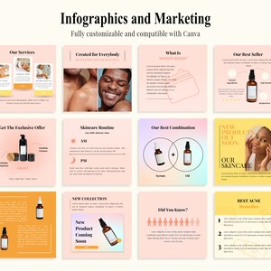 May include: A collection of nine Instagram post templates for a skincare brand. The templates feature a pink and yellow colour scheme and include images of skincare products, text about skincare routines, and information about new products. The text on the templates includes phrases like "Our Best Seller", "Skincare Routine", "New Products Out Soon", and "Best Acne Remedies".