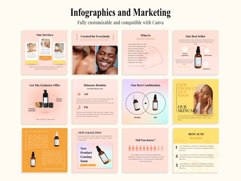 May include: A collection of nine Instagram post templates for a skincare brand. The templates feature a pink and yellow colour scheme and include images of skincare products, text about skincare routines, and information about new products. The text on the templates includes phrases like "Our Best Seller", "Skincare Routine", "New Products Out Soon", and "Best Acne Remedies".