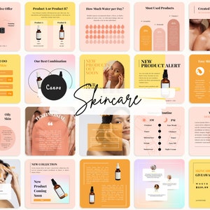 May include: A collage of images promoting skincare products. The images feature various skincare products, tips, and routines. The text includes phrases like "Get The Exclusive Offer", "New Products Out Soon", "Easy Skincare Routine", and "Skincare Giveaway".