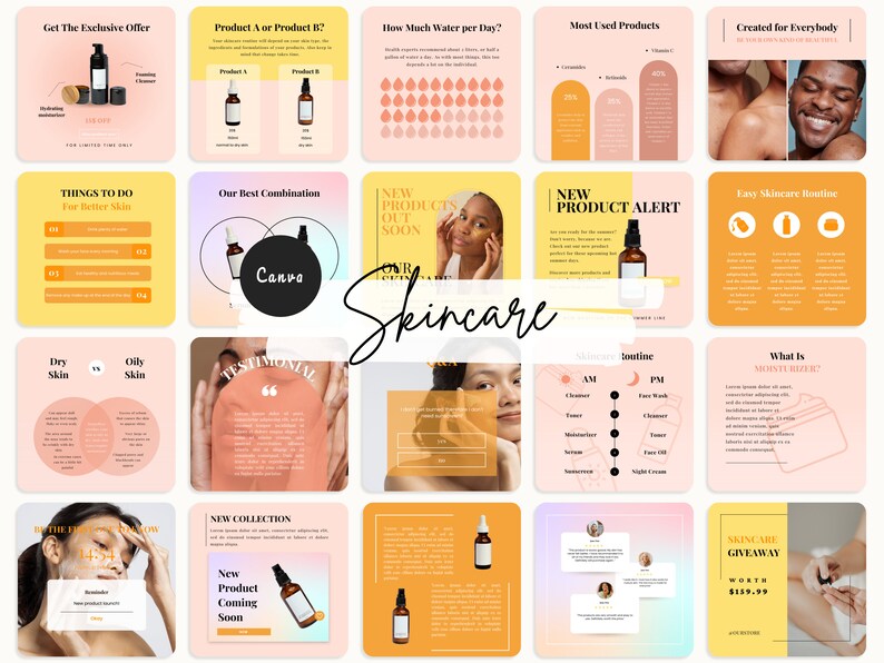 May include: A collage of images promoting skincare products. The images feature various skincare products, tips, and routines. The text includes phrases like "Get The Exclusive Offer", "New Products Out Soon", "Easy Skincare Routine", and "Skincare Giveaway".