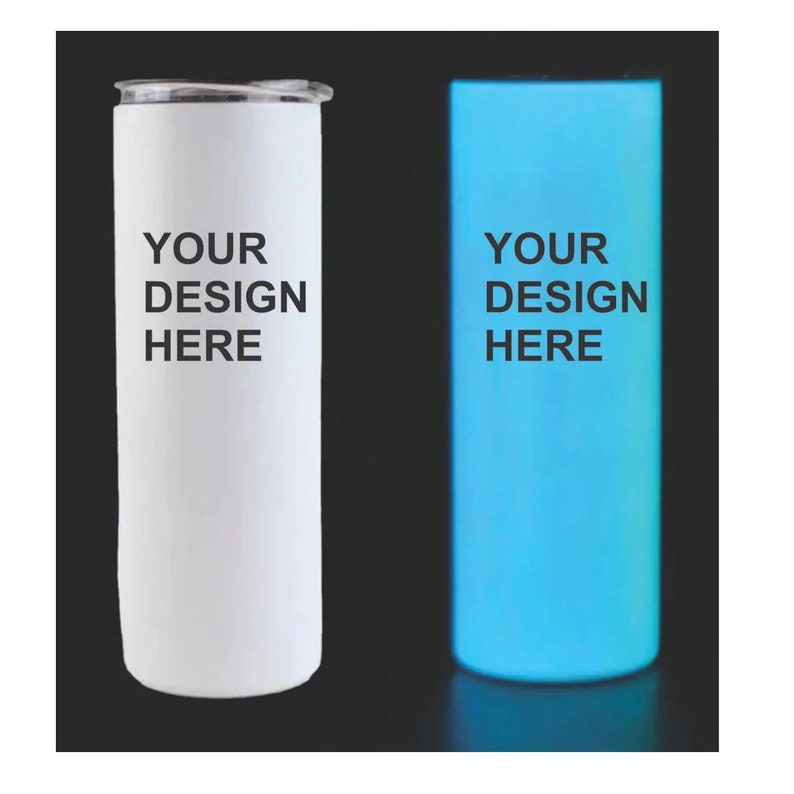 two white and blue tumblers with a black background