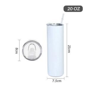 May include: White 20 oz stainless steel tumbler with a clear lid and a straw. The tumbler is 7.5 cm in diameter and 21 cm tall.