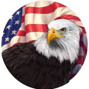 May include: A bald eagle with a white head and neck, brown feathers, and a yellow beak, is positioned in front of a waving American flag with red and white stripes and blue stars.