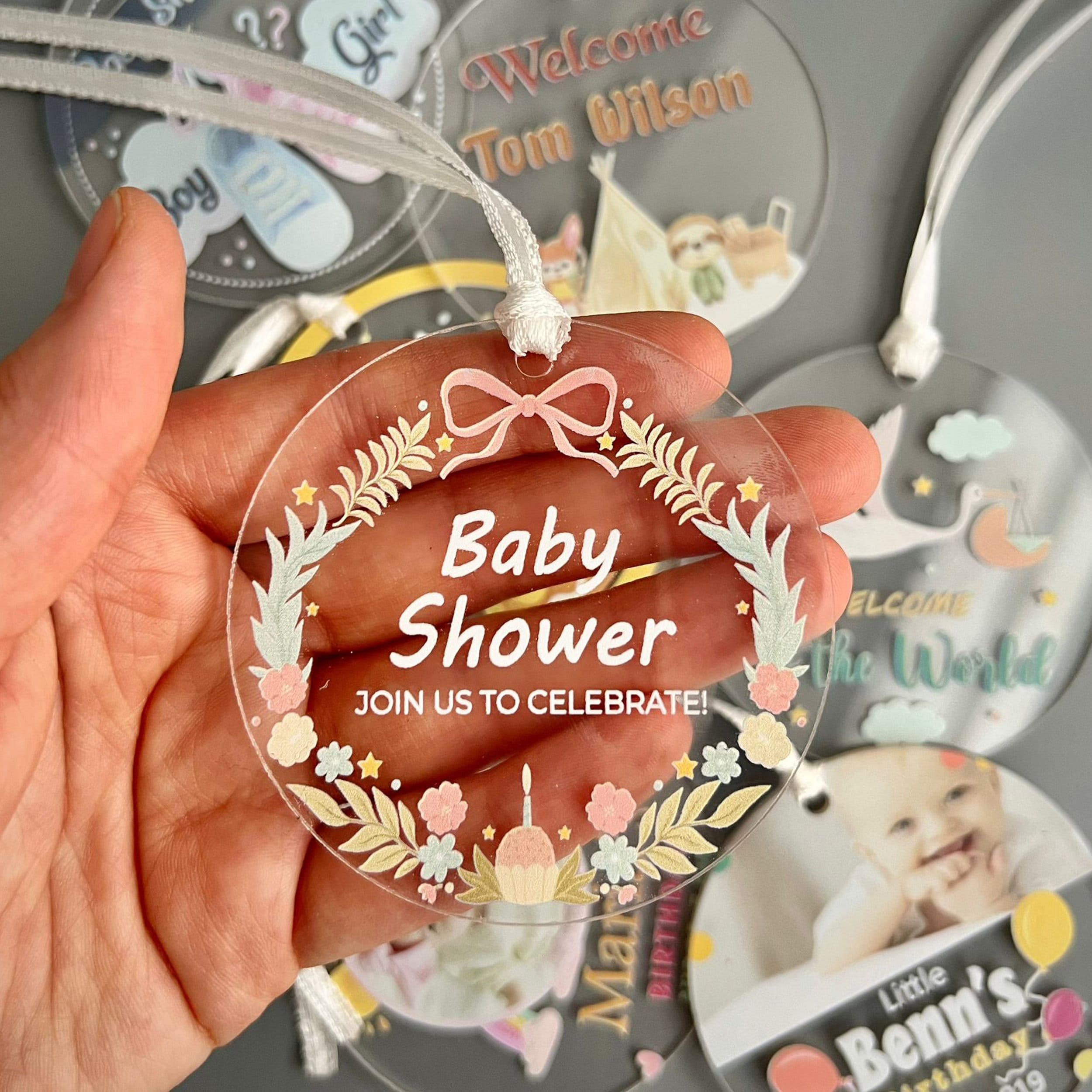 Baby Shower Ornaments, Personalized Acrylic Baby Shower Ornament, New Babies Custom Party Favor
