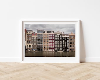 Fotografia domów nad kanałem w Amsterdamie, kolorowa sztuka ścienna z holenderską architekturą, dekoracja ścienna z krajobrazem miejskim z Holandii, format A4/A5, bez ramki