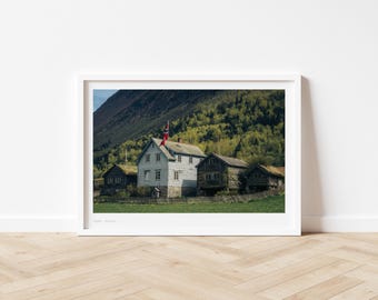 Fotografia krajobrazowa fiordów w starej Norwegii, norweska chata, dekoracja ścienna w górach, skandynawska przyroda, format A4 i A5