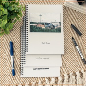 Peut inclure: Une pile de trois carnets à spirales avec des couvertures différentes. Le carnet du haut a une photo d'un stade sur la couverture et le texte "Daily Notes". Le carnet du milieu a le texte "Jacob's Travel Journal 2025". Le carnet du bas a le texte "SAM'S WORK PLANNER".