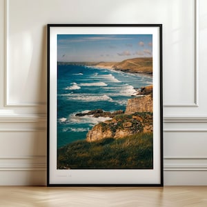Perranporth Coastal Cliffs Print, Dramatic Cornish Seascape Photography, UK Coast Landscape Wall Art, Cornwall Beach Decor A4 A5