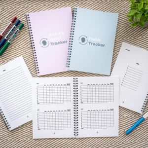 May include: A selection of spiral-bound habit tracker notebooks in pastel pink and blue. The covers display the text "Katie's Habit Tracker" and "Habit Tracker". An open notebook reveals a grid layout for habit tracking. Pens in multiple colours are visible.