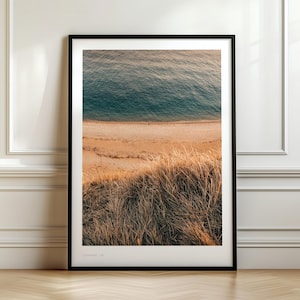 May include: A framed art print featuring a coastal landscape. The image shows a beach with golden sand, tall brown grasses, and blue water. The print is in a black frame and is displayed on a wooden floor.