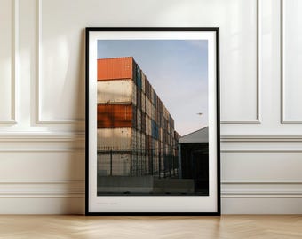 Wydruk kontenerów transportowych w Walencji w Hiszpanii, Fotografia podróżnicza w stylu industrialnym, Minimalistyczna sztuka ścienna w stylu miejskim, Dekoracje portowe