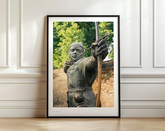 Grafika z posągiem Robina Hooda w Nottingham, fotografia zabytków Nottingham, sztuka ścienna z podróży po historycznej Anglii, wystrój miasta Robin Hood