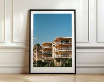 Grafika z architekturą Javea w Hiszpanii, Fotografia podróżnicza po Morzu Śródziemnym, Balkony na Costa Blanca, Sztuka ścienna z hiszpańskim latem
