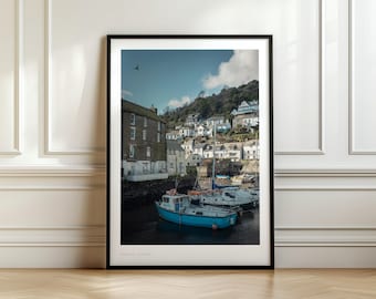 Wydruk z portem w Polperro w Kornwalii, fotografia nadmorskiej wioski w Kornwalii, sztuka ścienna z podróży do Kornwalii, wydruk fotograficzny angielskiego portu nadmorskiego