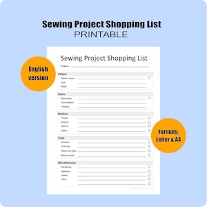 Może przedstawiać: Biały dokument do druku z czarnym tekstem zatytułowany Sewing Project Shopping List. Sekcje obejmują Pattern, Fabric, Notions, Tools oraz Miscellaneous, każda z liniami na szczegóły oraz polami wyboru do zaznaczania poszczególnych pozycji.