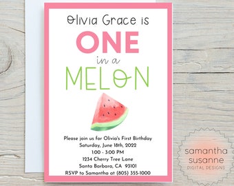 One in a Melon Birthday Invitation - Editable, Watermelon Birthday, First Birthday, Watermelon Party