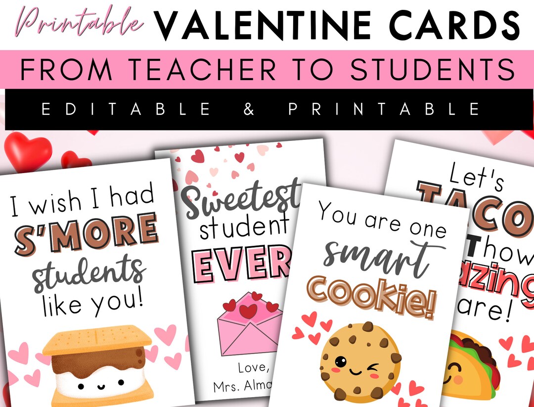 Printable Valentine Cards for Students From Teacher Teacher Etsy