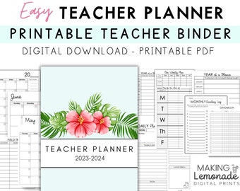 Teacher Planner 2023-24, Teacher Binder, Lesson Planner, Printable Calendar, Digital Download, Printable Planner, Letter Size, Tropical