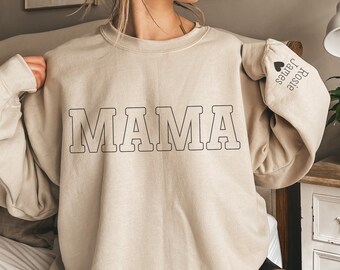 Sweat-shirt maman personnalisé avec prénoms sur la manche, cadeau fête des mères, cadeau d'anniversaire pour maman, cadeau nouvelle maman, pull maman cool minimaliste