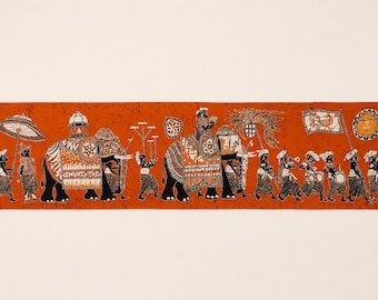 May include: A rectangular fabric wall hanging featuring a vibrant orange background with a detailed batik-style illustration of a ceremonial procession. The scene depicts two elephants adorned in patterned caparisons, accompanied by figures carrying umbrellas, flags, and musical instruments, with a stylized sun in the upper right corner.
