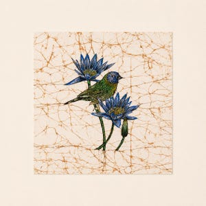 May include: A detailed illustration of a bird perched on blue water lilies. The bird has green and blue plumage, with a blue head. The lilies have vibrant blue petals and green stems. The background features a beige, textured pattern.