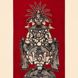 May include: A red and white batik textile art piece. The artwork depicts a stylized figure composed of multiple layers of figures, with intricate patterns and details. The background is a solid red color, and the overall design is symmetrical.