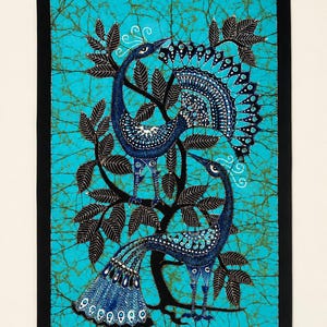 May include: A rectangular textile wall hanging featuring a vibrant turquoise background with a dark brown crackle pattern. Two dark blue peacocks with intricate white and light blue decorative patterns are perched within a black tree silhouette.