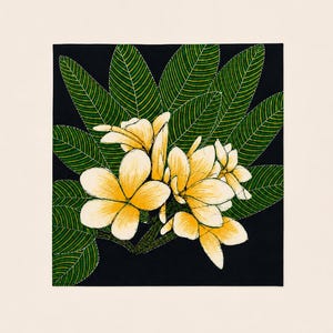 May include: A square textile art piece featuring a cluster of pale yellow plumeria flowers with white edges, set against a solid black background. The design includes detailed green leaves with visible yellow vein patterns and stitched outlines.
