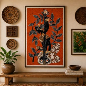 May include: A framed batik wall art piece featuring a stylized black figure playing a stringed instrument, surrounded by leafy vines against a vibrant orange background, displayed on a wall with various wooden decorative items and a wooden bench.