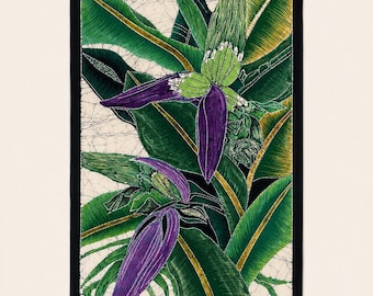 May include: A rectangular textile wall hanging featuring a batik-style illustration of vibrant purple banana blossoms and lush green banana leaves. The design is set against a cream-colored background with a crackled texture and a solid black border.