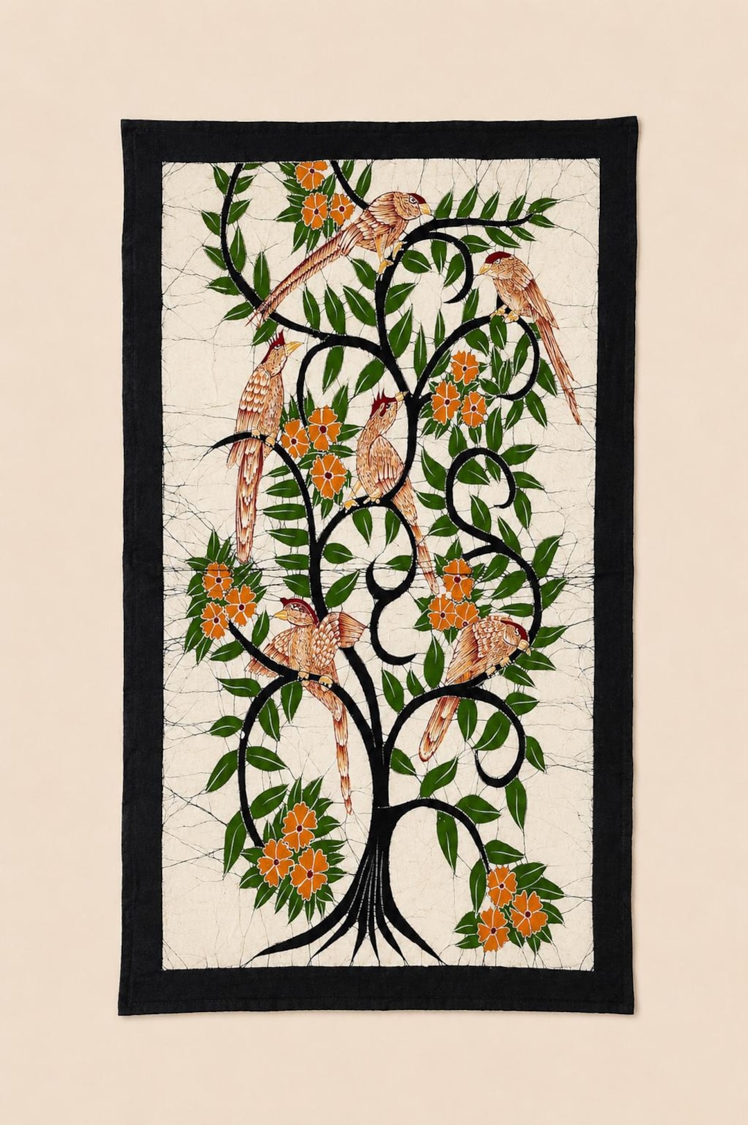 Large Tree of Life Batik Wall Hanging, Statement Bird and Floral