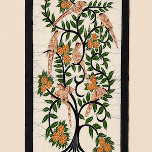 May include: A decorative textile with a tree design. Brown birds perch on the branches, surrounded by green leaves and orange flowers. The background is off-white with a black border.