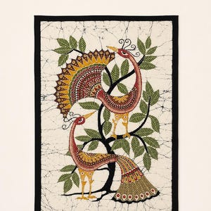 May include: A rectangular batik wall hanging featuring two stylized peacocks perched on a dark tree with green leaves. The design uses a cream background with a crackled texture, accented by red, yellow, and green patterns, all framed by a solid black border.