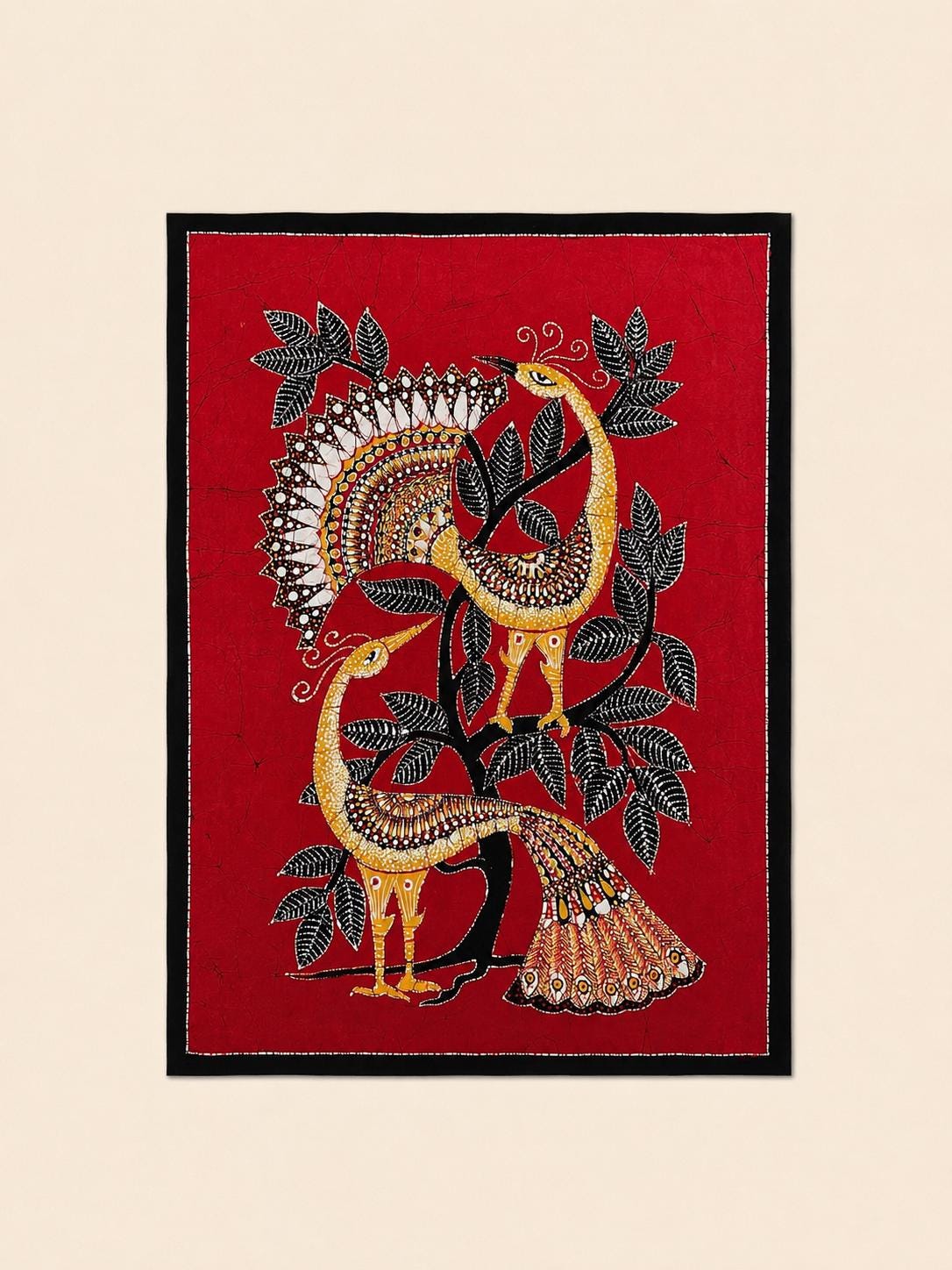 Red Peacock Batik Wall Hanging, Bold Boho Wall Art, Handmade Sri