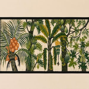 May include: A vibrant painting depicting a tropical forest. The artwork showcases diverse trees with green foliage and fruits, such as coconuts and papayas. The painting is framed with a black border and set against a cream background.