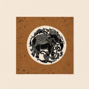 May include: A square fabric piece featuring a brown background with a black crackle pattern. In the center, a white circular area contains a black graphic illustration of an elephant adorned with decorative patterns and ornate scrollwork.
