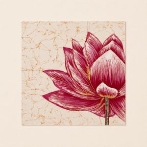 May include: A square textile featuring a vibrant magenta lotus flower illustration with detailed line work. The background is a light cream color with a subtle, thin, golden-brown crackled or marbled pattern throughout the fabric surface.