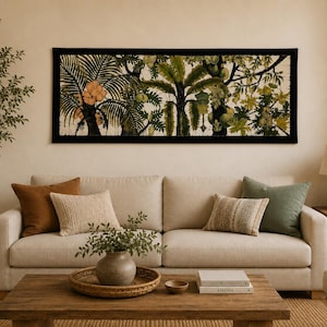 Handgjord väggbonad i srilankansk batik, tropisk trädkonst, botanisk tygdekor, horisontell konst (118 x 43 cm)