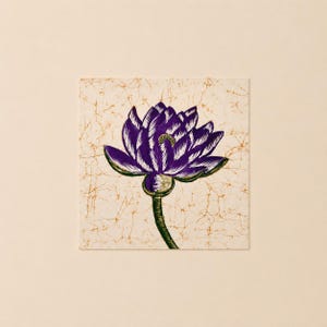 May include: A purple lotus flower illustration with green accents on a textured, off-white background. The flower is the focal point, with detailed petals and a green stem. The artwork is square and set against a cream-colored backdrop.