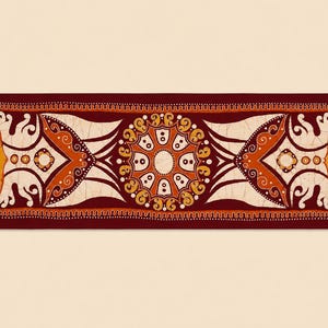 Puede incluir: Textil rectangular con borde granate y diseño central crema. El diseño presenta patrones simétricos en naranja, amarillo y blanco, incluyendo figuras de animales estilizadas y motivos florales. Probablemente sea un artículo decorativo.