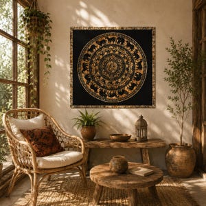Puede incluir: Un tapiz cuadrado con un diseño de mandala circular en negro y dorado, que incluye siluetas de elefantes y otros animales dispuestos en anillos concéntricos, exhibido en una pared clara sobre un banco de madera.