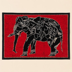 May include: A rectangular art print featuring a black and white illustration of an elephant carrying several figures. The figures are in various poses. The background is red with a black border.