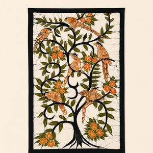 May include: A framed artwork featuring a tree with brown birds perched on its branches. The tree has black, swirling branches, green leaves, and orange flowers. The birds are brown with patterned details. The artwork is framed with a black border.